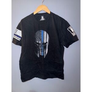 Battle Raddle Black Graphic T Shirt Skull Flag Thin Blue Line Veteran Owned